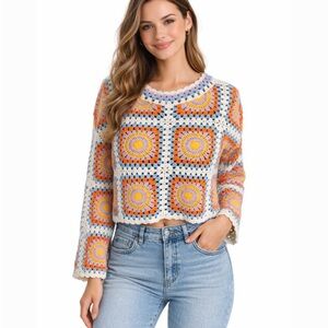 Sincerely Jules boho granny square colourful crochet sweater size small